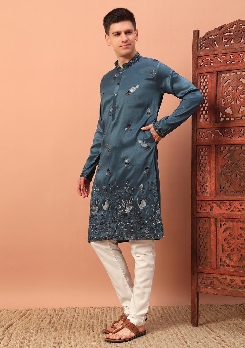 Blue Embroidered Silk kurta Set For Men - Indya