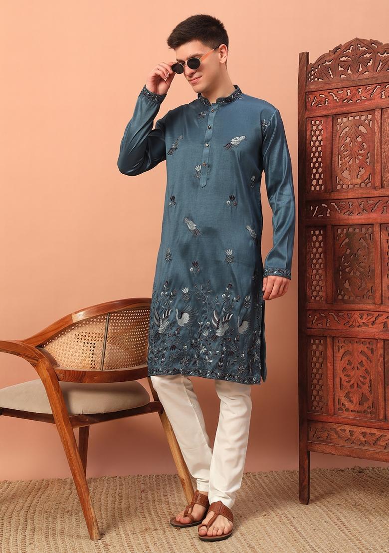 Blue Embroidered Silk kurta Set For Men - Indya