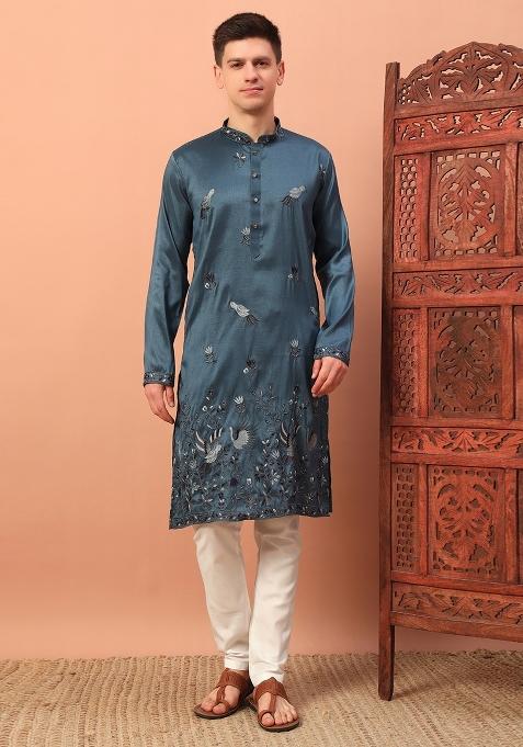 Blue Embroidered Silk kurta Set For Men