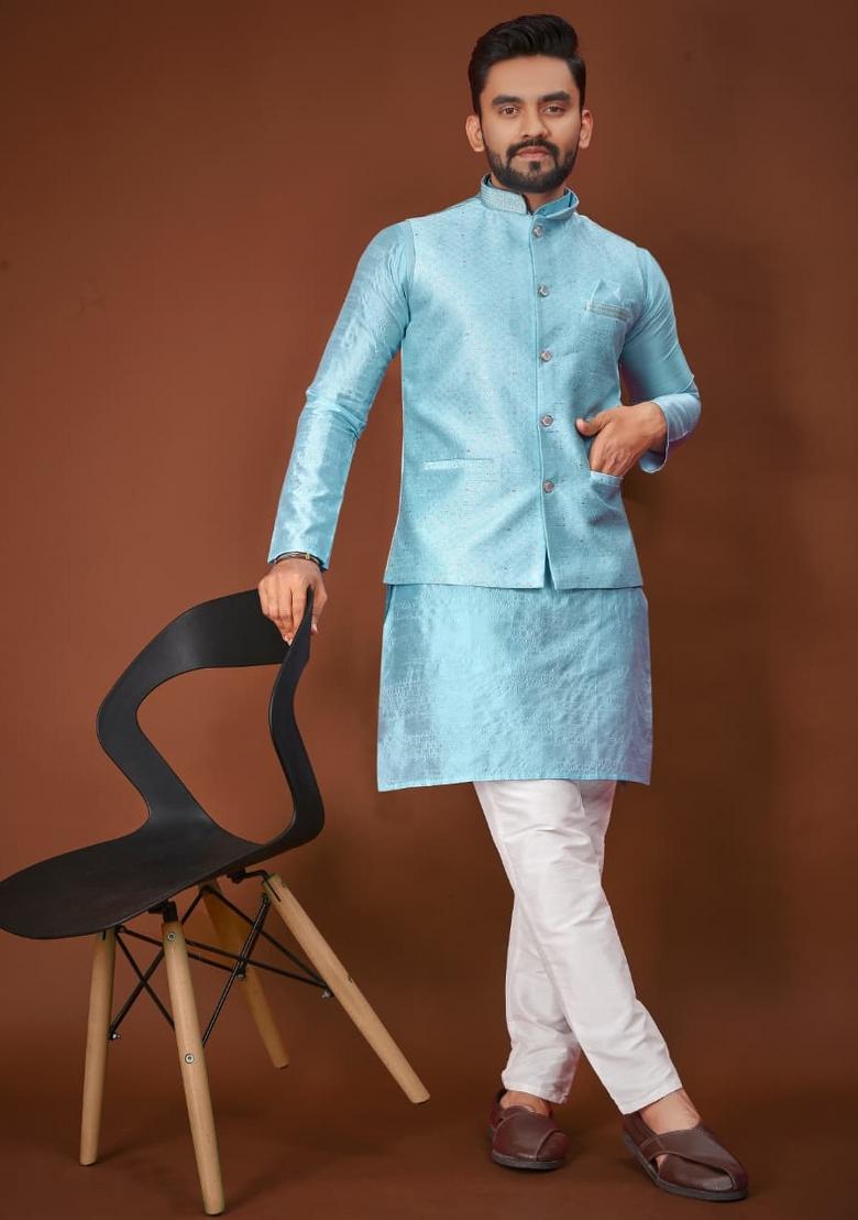 Blue Jacquard Silk Kurta Set For Men - Indya