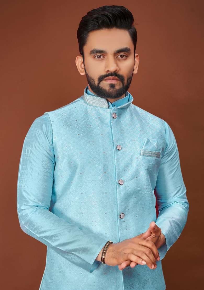 Blue Jacquard Silk Blend Kurta Set For Men - Indya