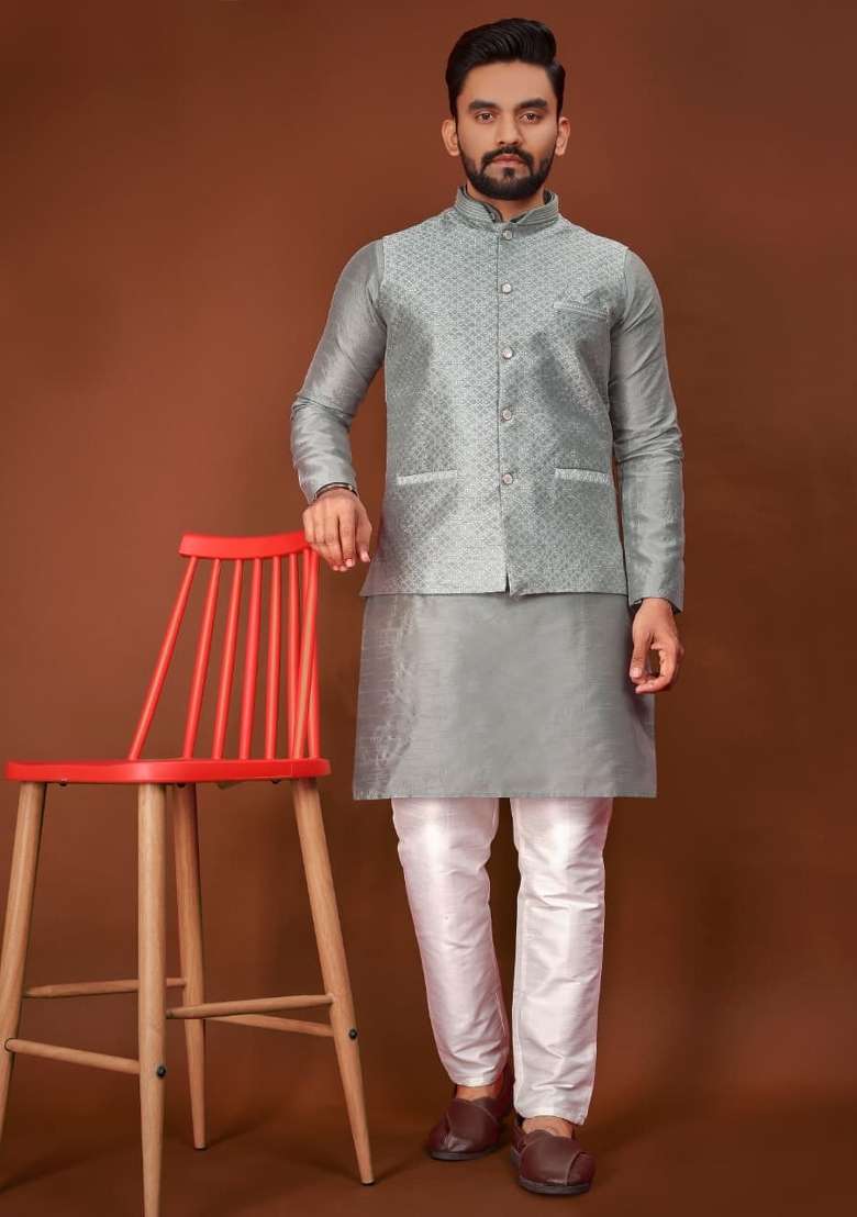 Grey Jacquard Silk Blend Kurta Set For Men - Indya