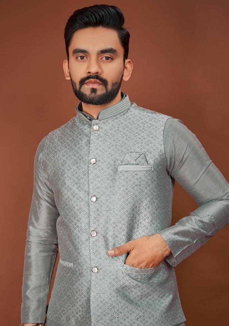 Grey Jacquard Silk Kurta Set For Men - Indya