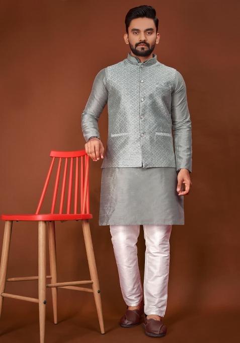 Grey Jacquard Silk Kurta Set For Men