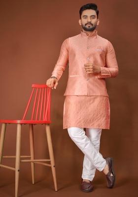 Orange Jacquard Silk Kurta Set For Men