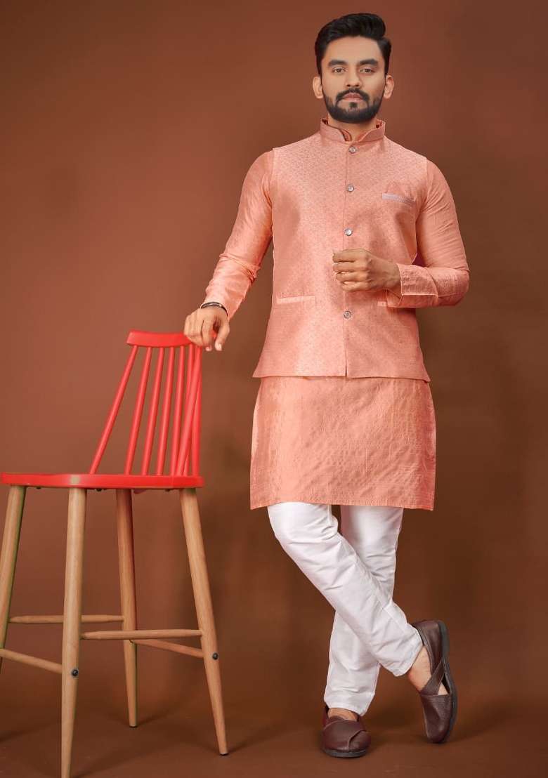 Orange Jacquard Silk Blend Kurta Set For Men - Indya
