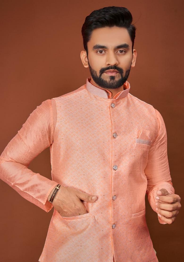 Orange Jacquard Silk Kurta Set For Men - Indya