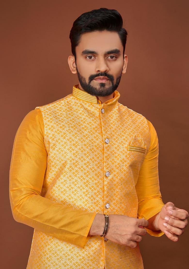 Yellow Jacquard Silk Kurta Set For Men - Indya