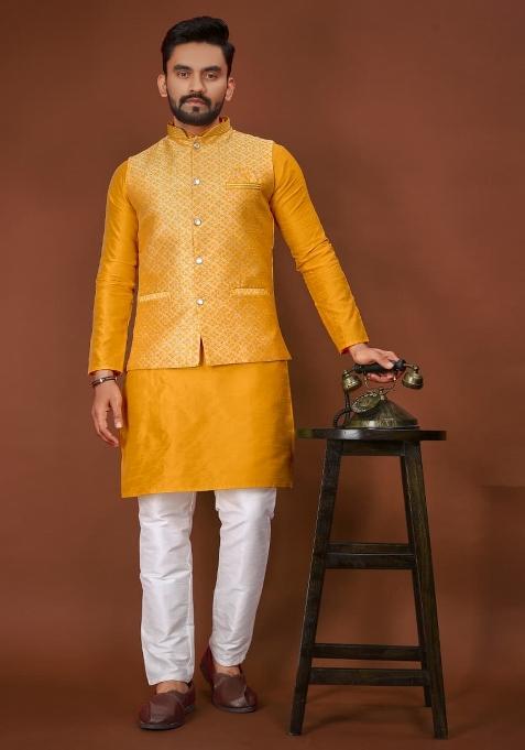 Yellow Jacquard Silk Blend Kurta Set For Men