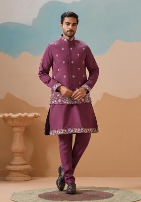 Dusty Pink Embroidered Silk Kurta Set For Men
