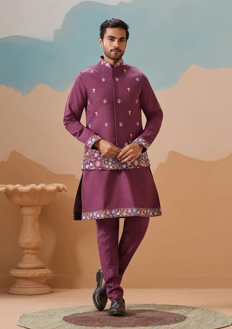 Dusty Pink Embroidered Silk Blend Kurta Set For Men - Indya