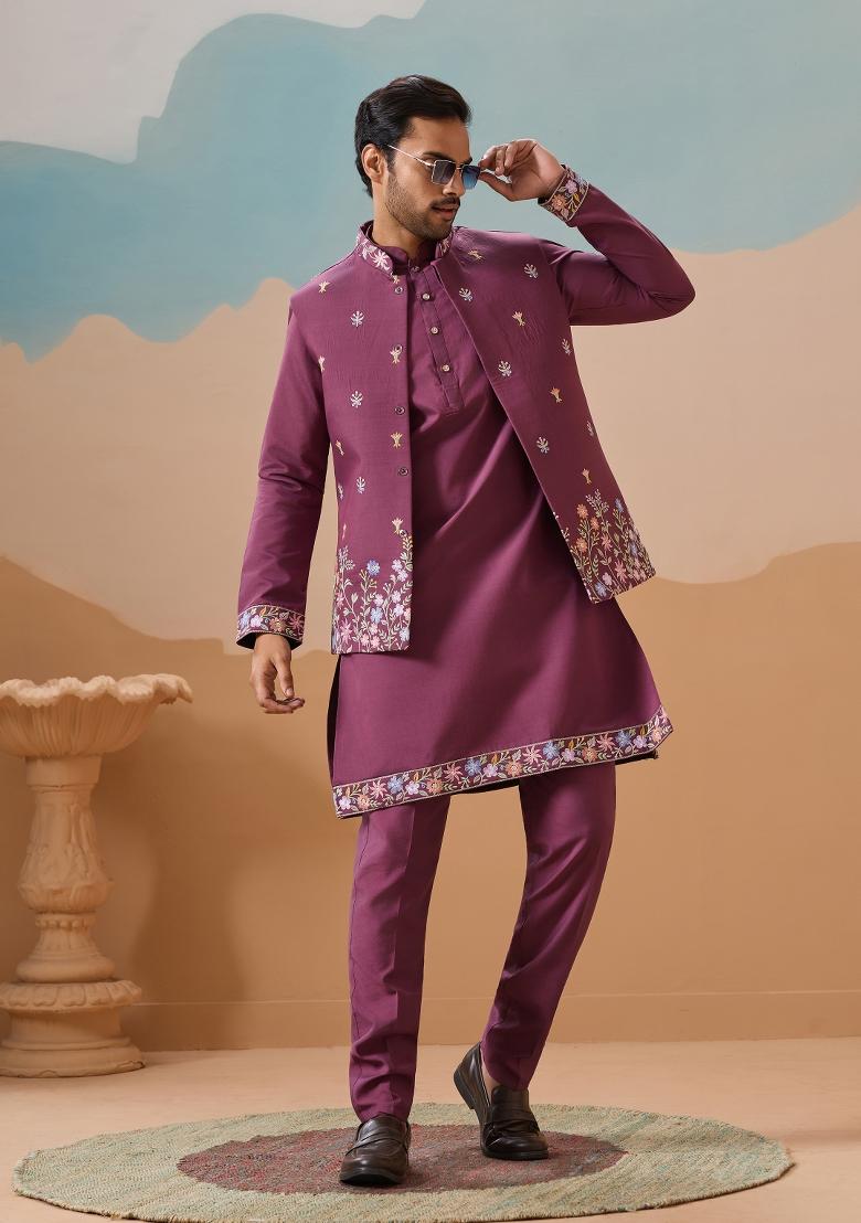 Dusty Pink Embroidered Silk Kurta Set For Men - Indya