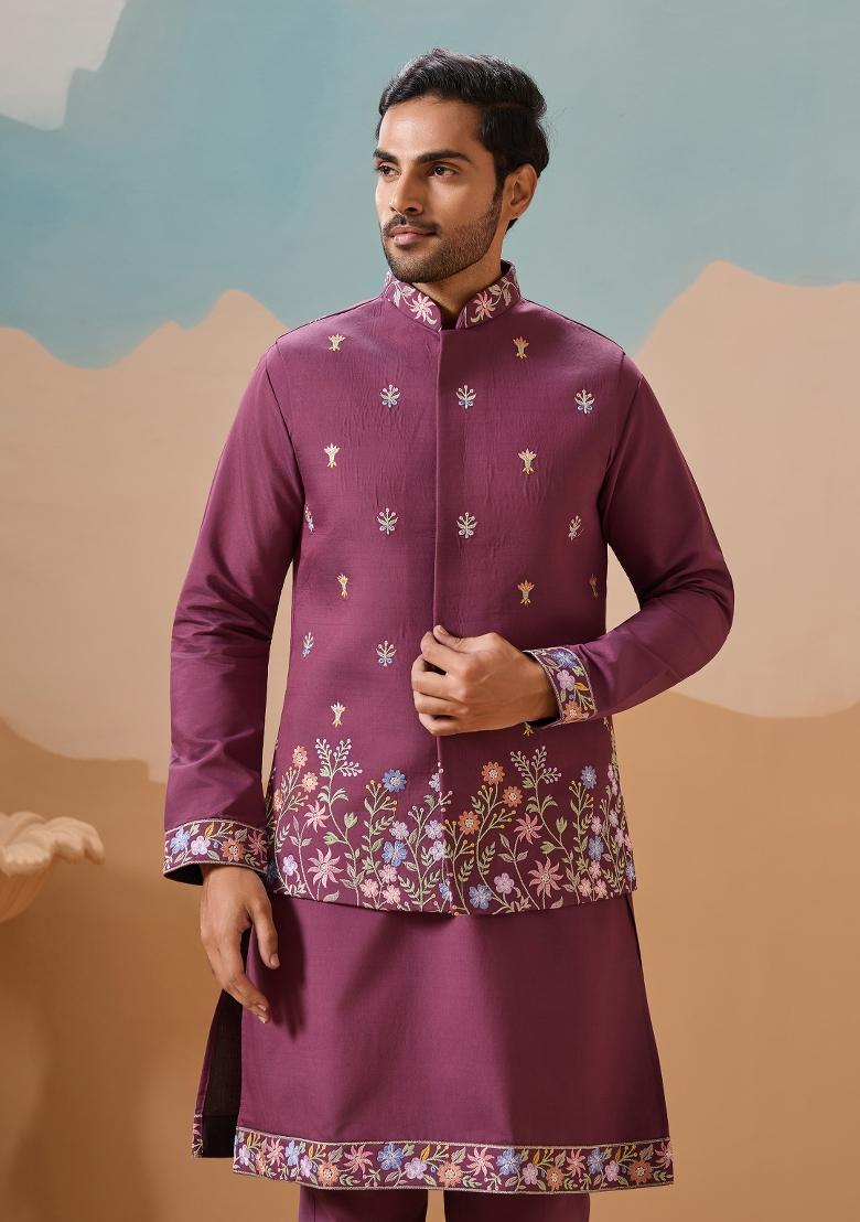 Dusty Pink Embroidered Silk Kurta Set For Men - Indya