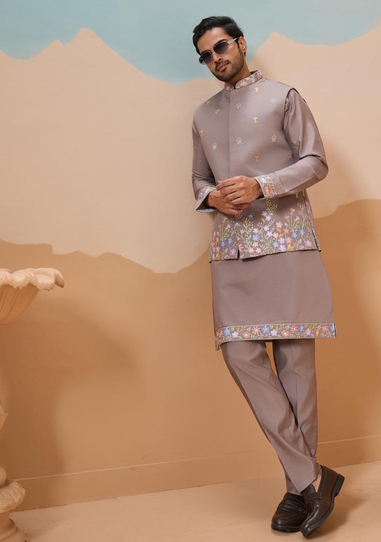 Grey Embroidered Silk Kurta Set For Men - Indya