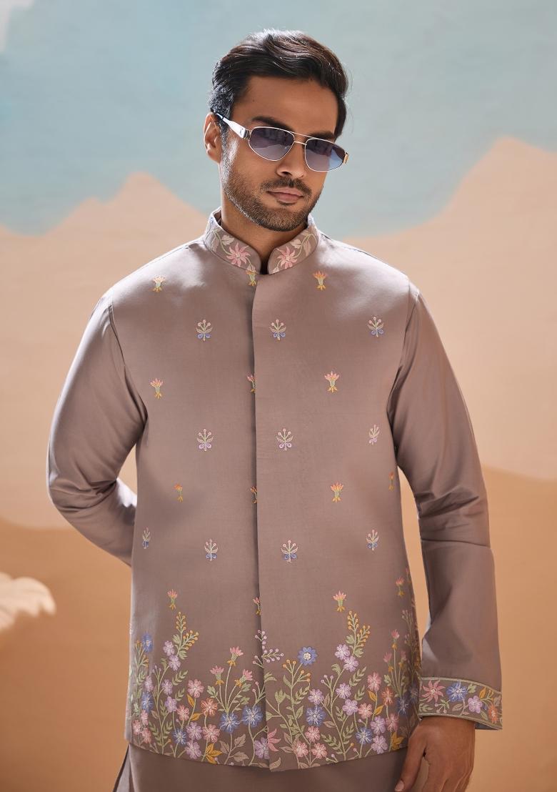 Grey Embroidered Silk Kurta Set For Men - Indya