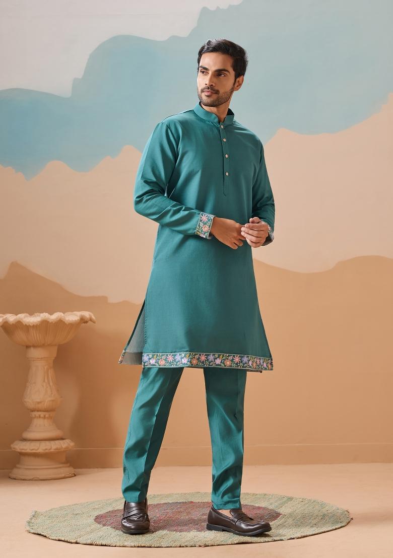 Rama Green Embroidered Silk Kurta Set For Men - Indya