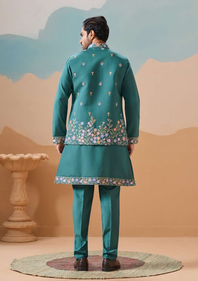 Rama Green Embroidered Silk Blend Kurta Set For Men - Indya