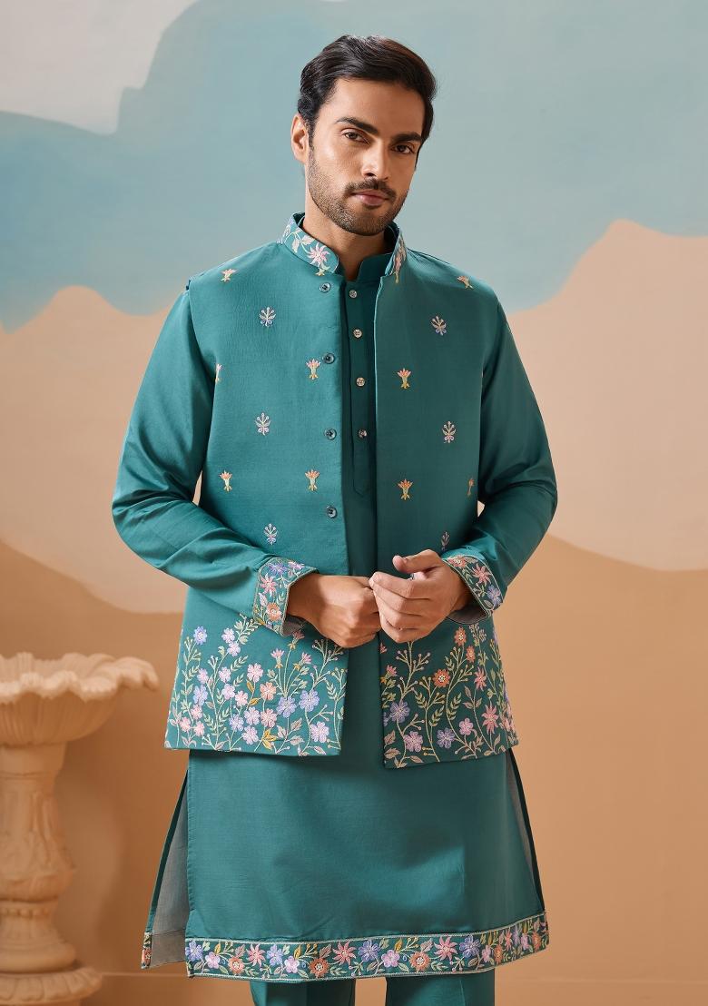 Rama Green Embroidered Silk Kurta Set For Men - Indya