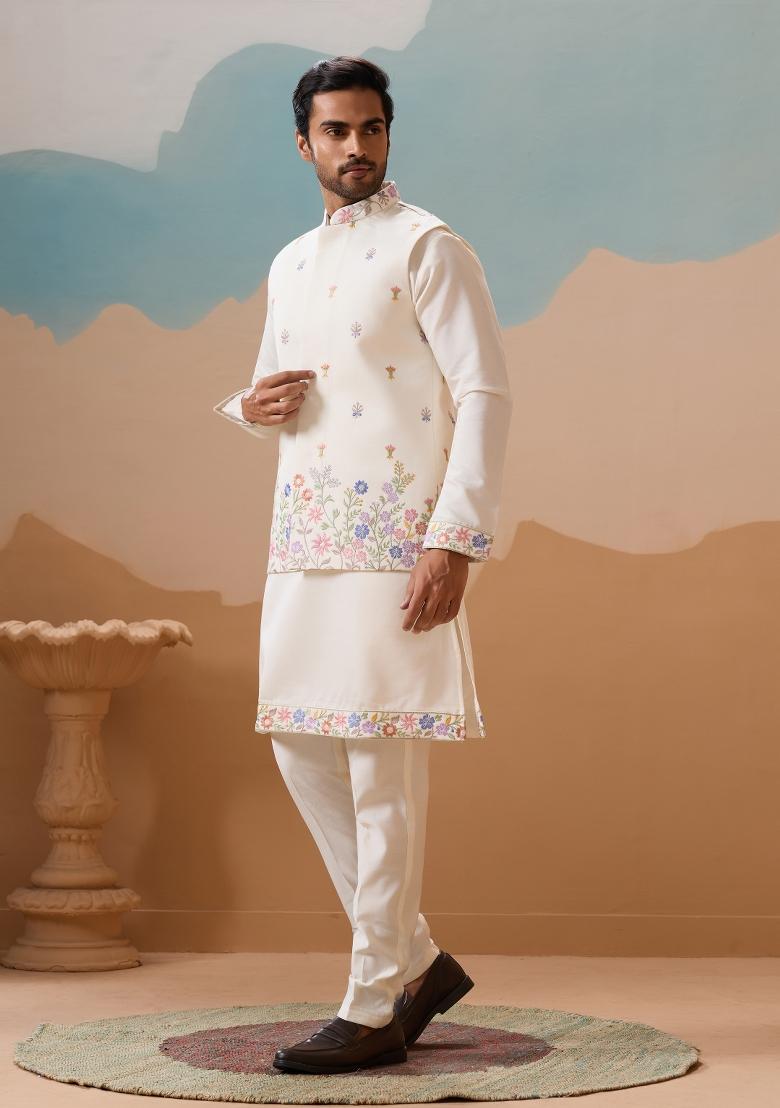 White Embroidered Silk Kurta Set For Men - Indya