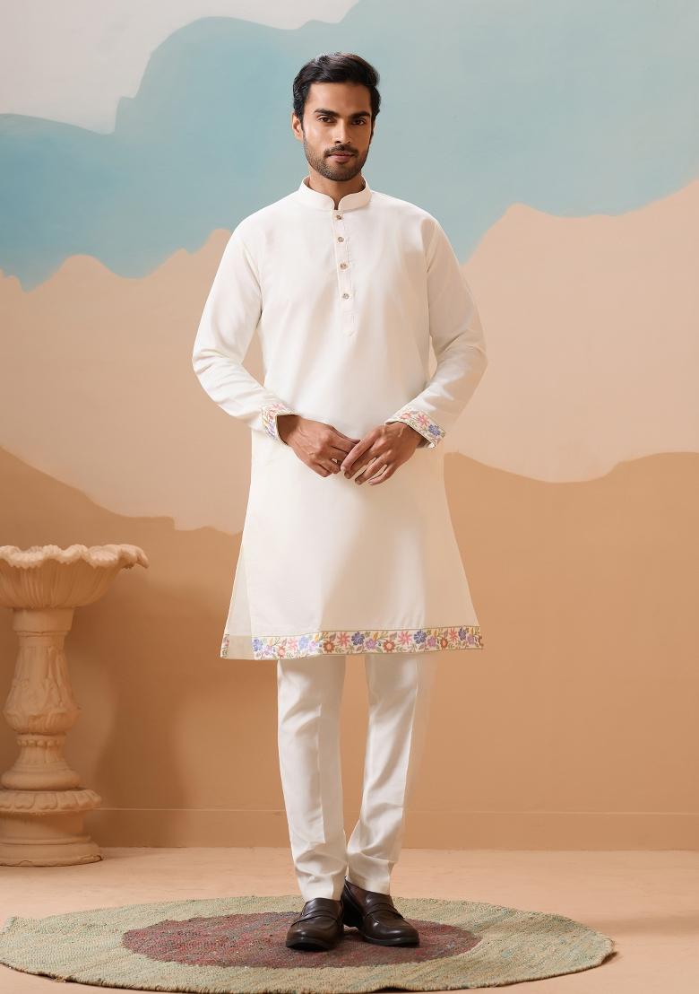 White Embroidered Silk Kurta Set For Men - Indya