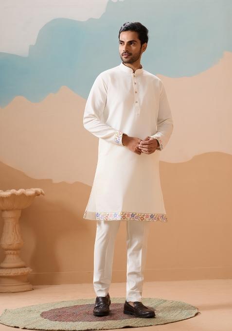 White Embroidered Silk Kurta Set For Men
