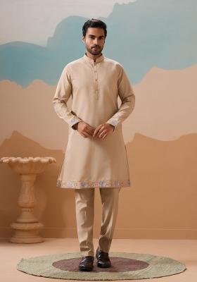 Beige Embroidered Silk Kurta Set For Men