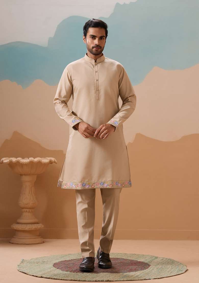 Beige Embroidered Silk Blend Kurta Set For Men - Indya