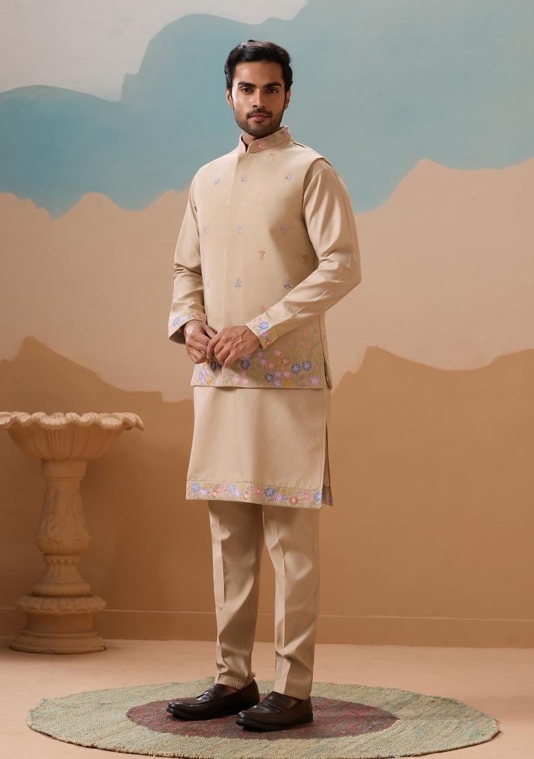 Beige Embroidered Silk Kurta Set For Men - Indya