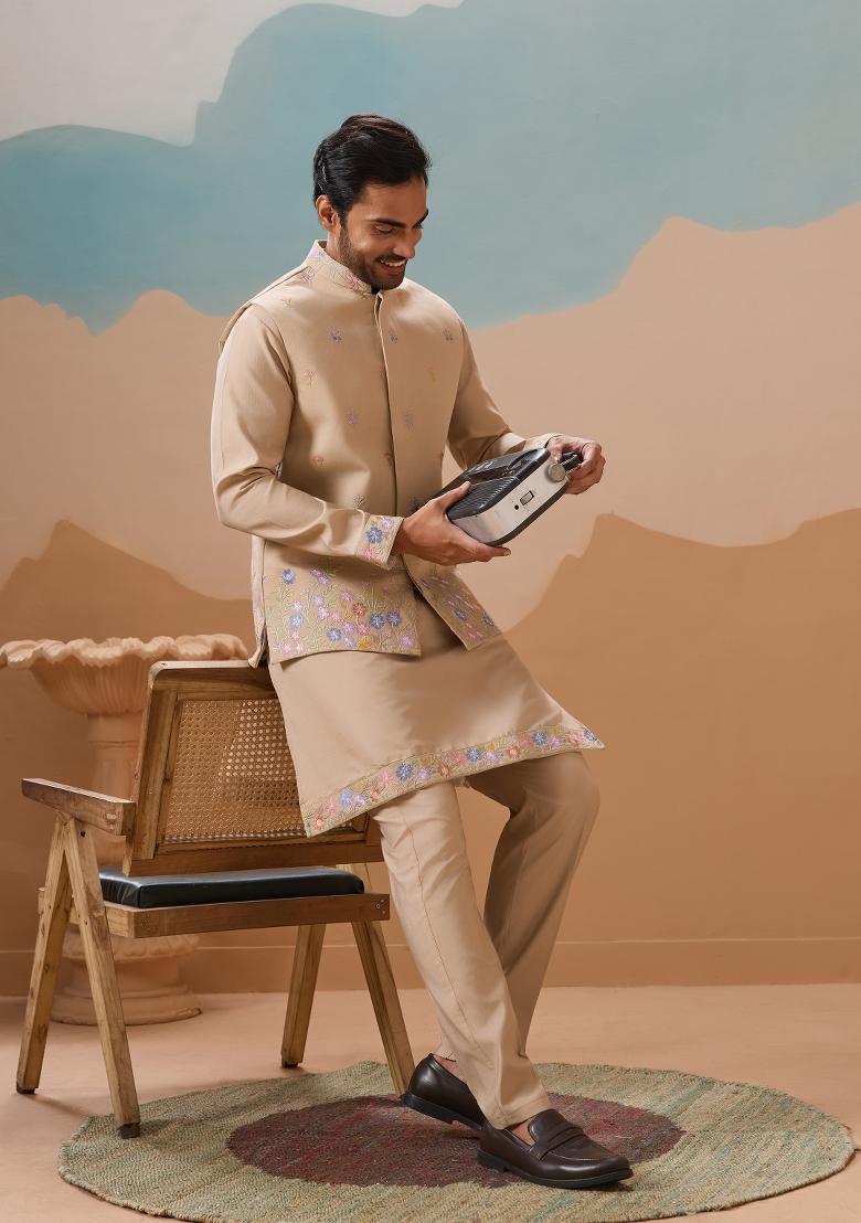 Beige Embroidered Silk Kurta Set For Men - Indya