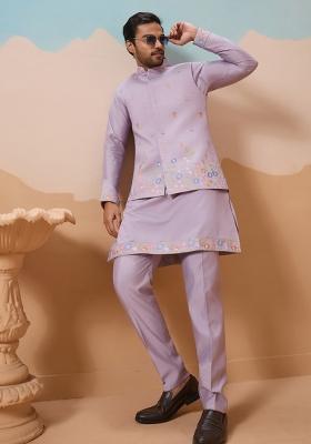 Lavender Embroidered Silk Kurta Set For Men