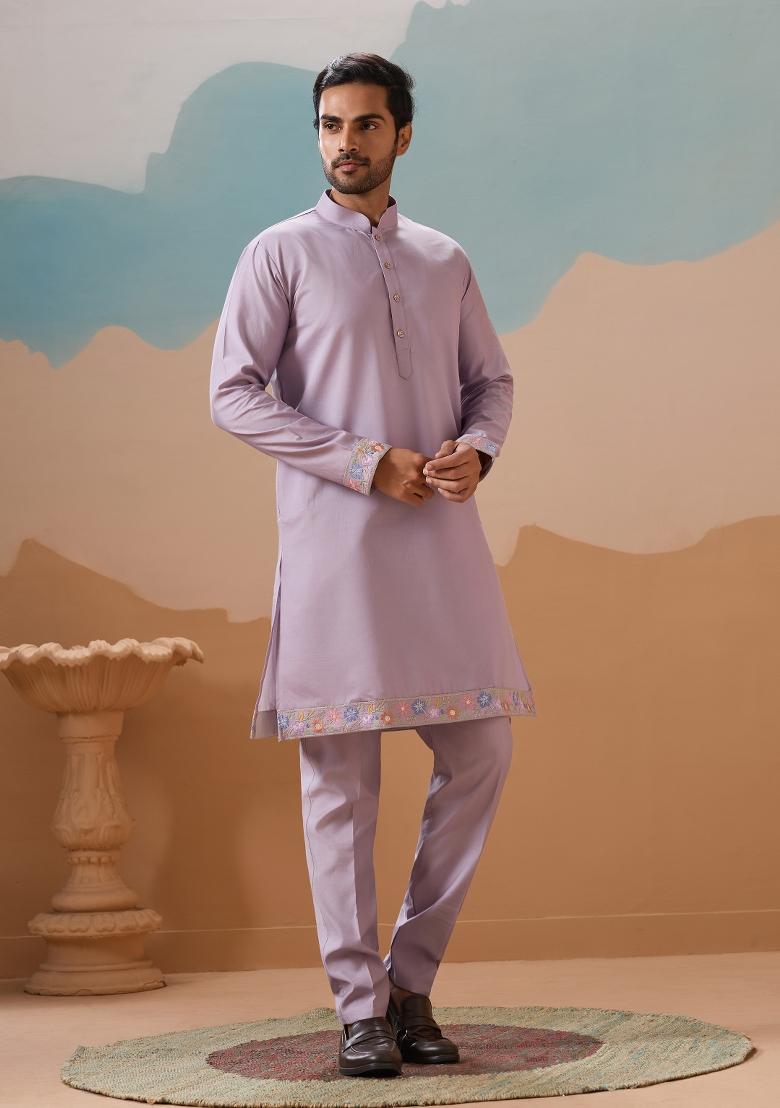 Lavender Embroidered Silk Kurta Set For Men - Indya
