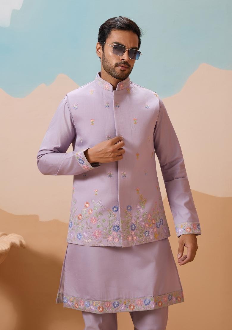 Lavender Embroidered Silk Kurta Set For Men - Indya