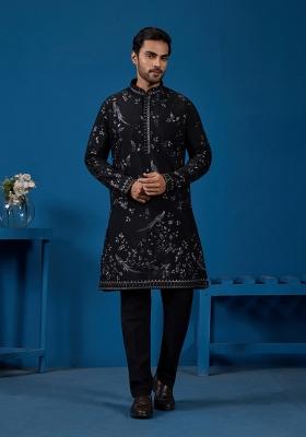 Black Embroidered Silk Kurta For Men