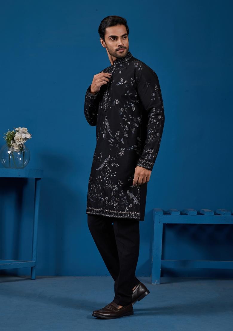 Black Embroidered Silk Kurta For Men - Indya
