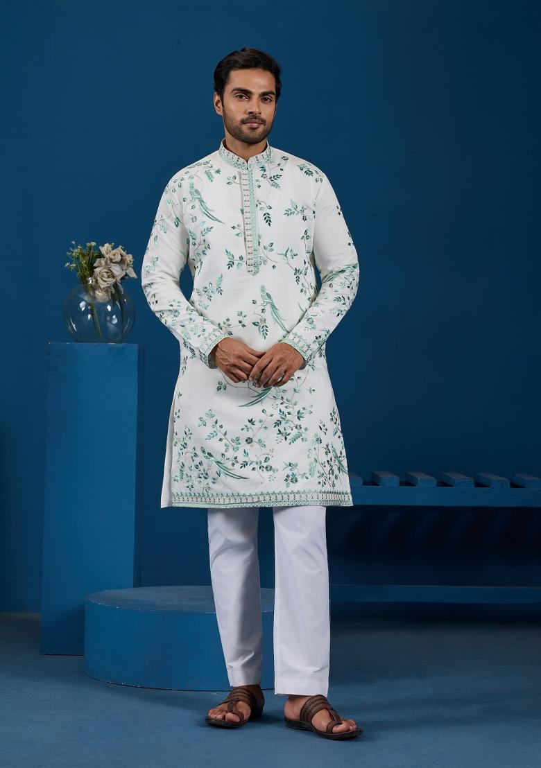 White Embroidered Silk Kurta For Men - Indya