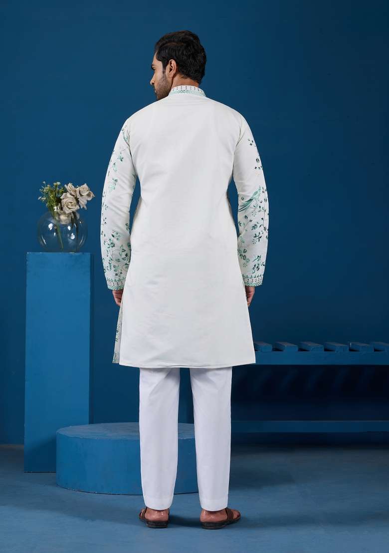 White Embroidered Silk Blend Kurta For Men - Indya