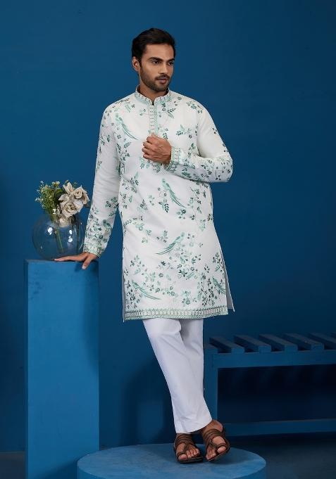 White Embroidered Silk Blend Kurta For Men