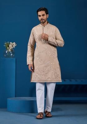 Beige Embroidered Silk Kurta For Men