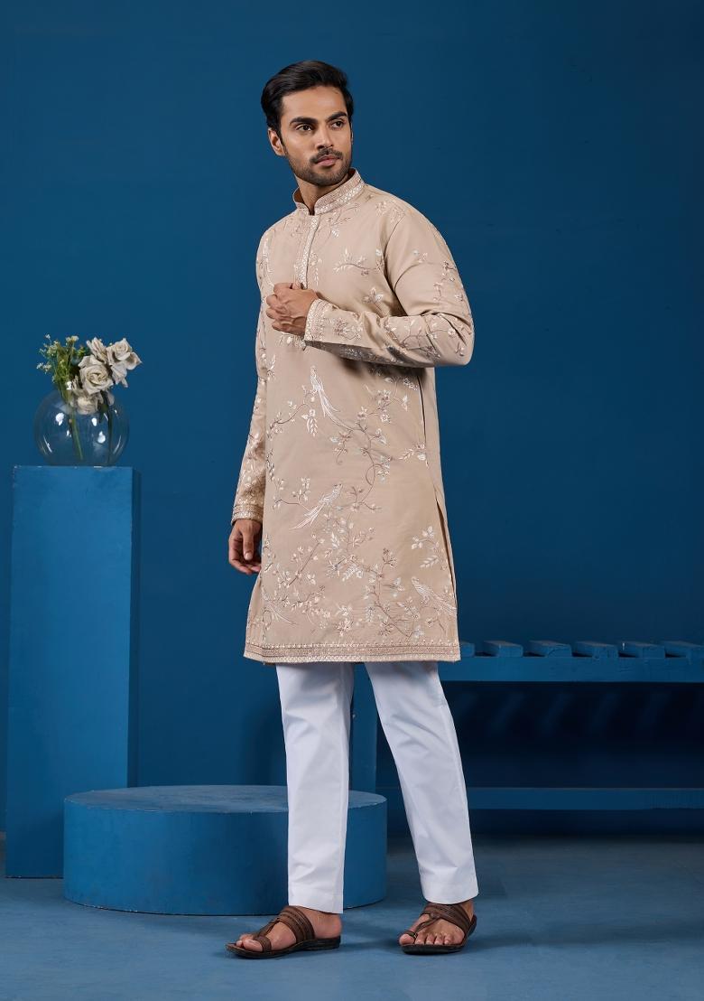 Beige Embroidered Silk Kurta For Men - Indya