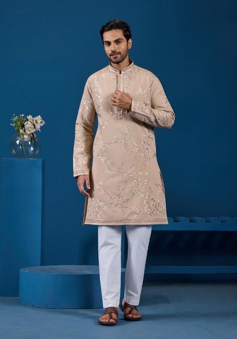 Beige Embroidered Silk Kurta For Men