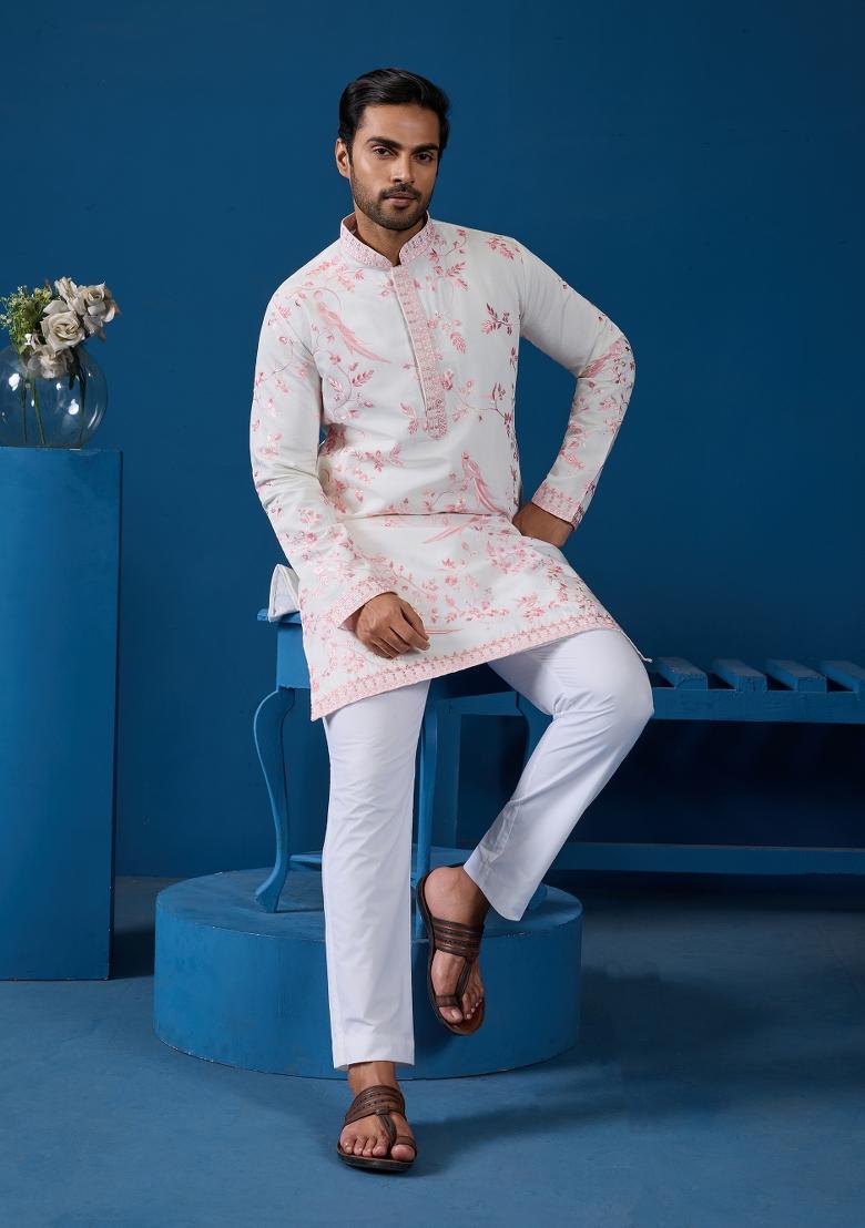 White Embroidered Silk Kurta For Men - Indya