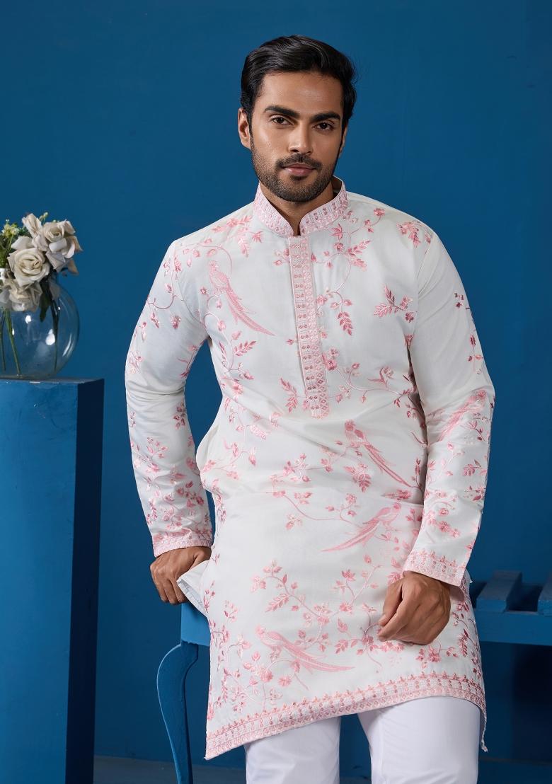 White Embroidered Silk Kurta For Men - Indya