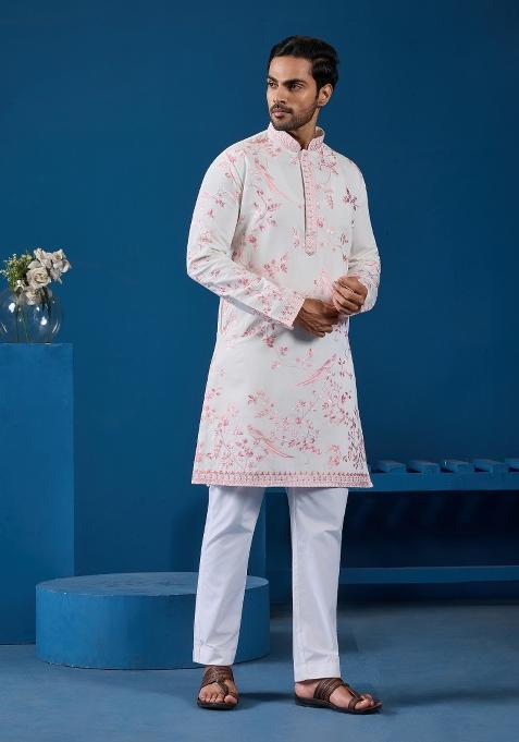 White Embroidered Silk Blend Kurta For Men