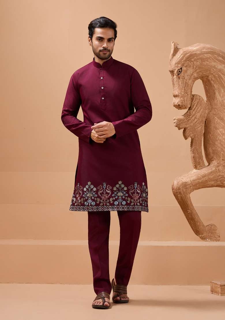 Maroon Embroidered Silk Blend Kurta Set For Men - Indya