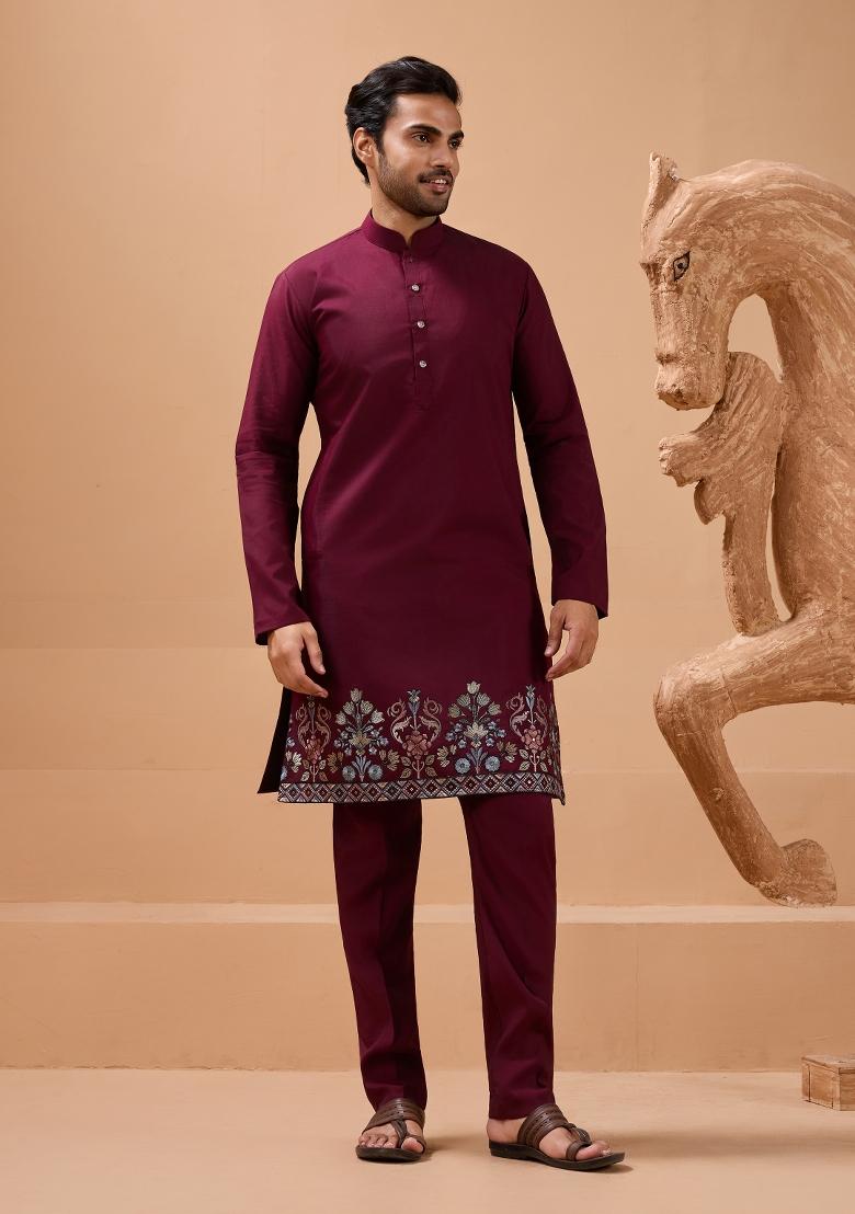 Maroon Embroidered Silk Kurta Set For Men - Indya