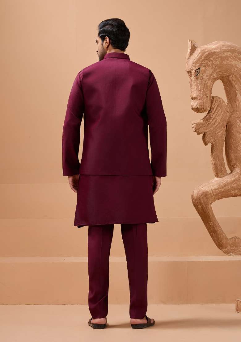 Maroon Embroidered Silk Blend Kurta Set For Men - Indya