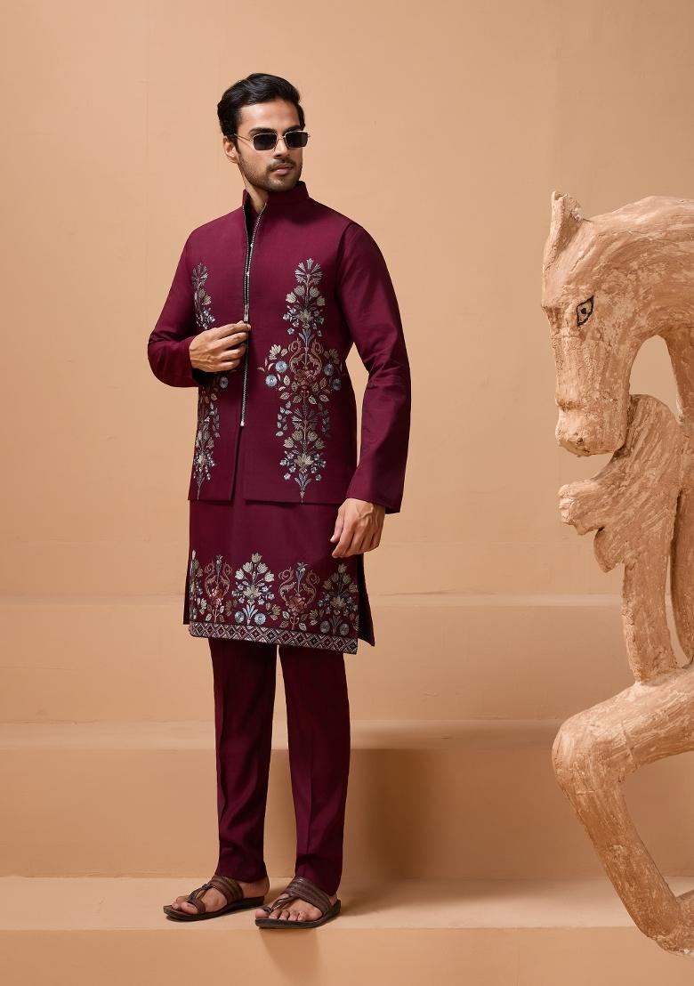 Maroon Embroidered Silk Kurta Set For Men - Indya