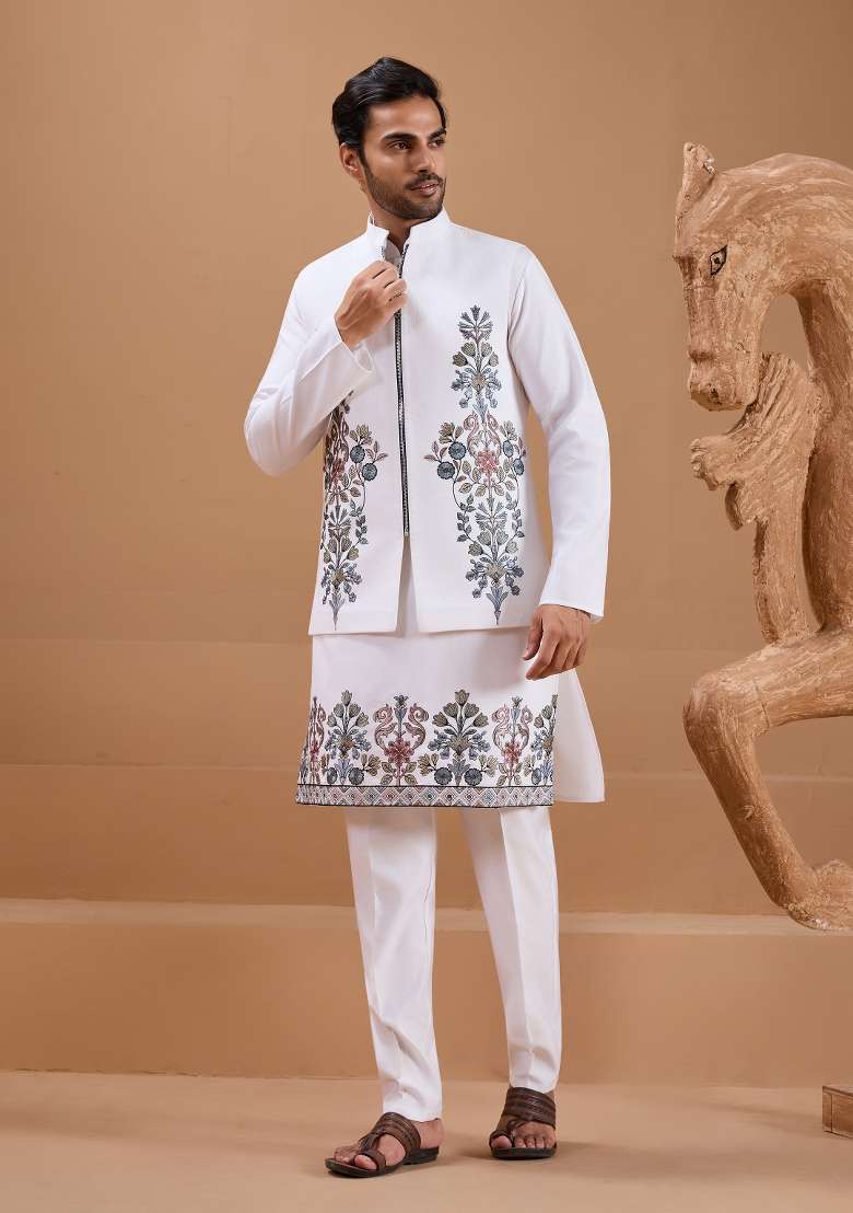 White Embroidered Silk Blend Kurta Set For Men - Indya