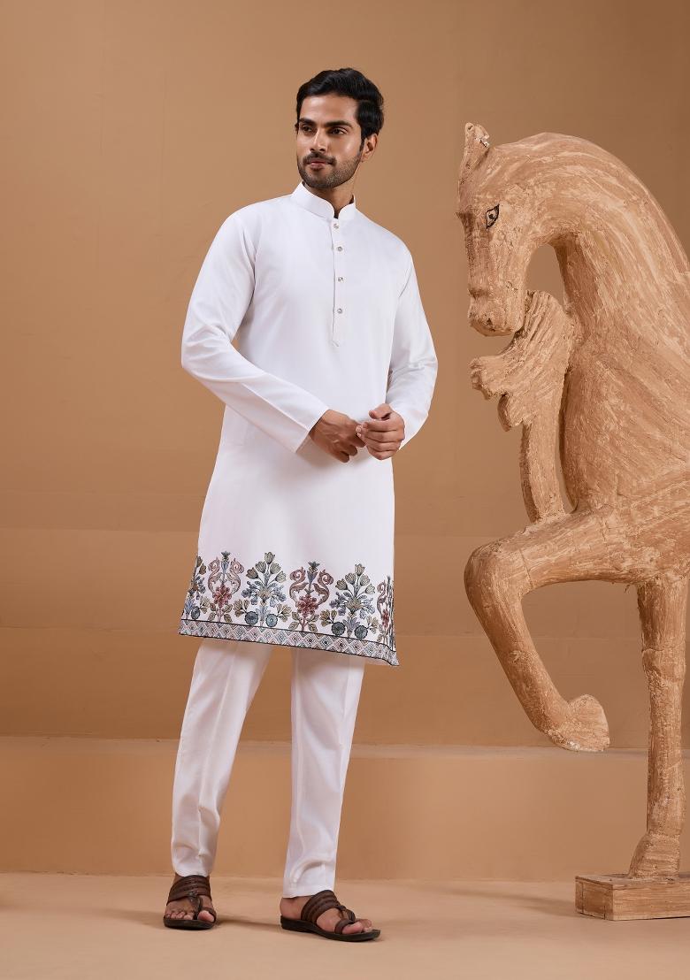 White Embroidered Silk Kurta Set For Men - Indya