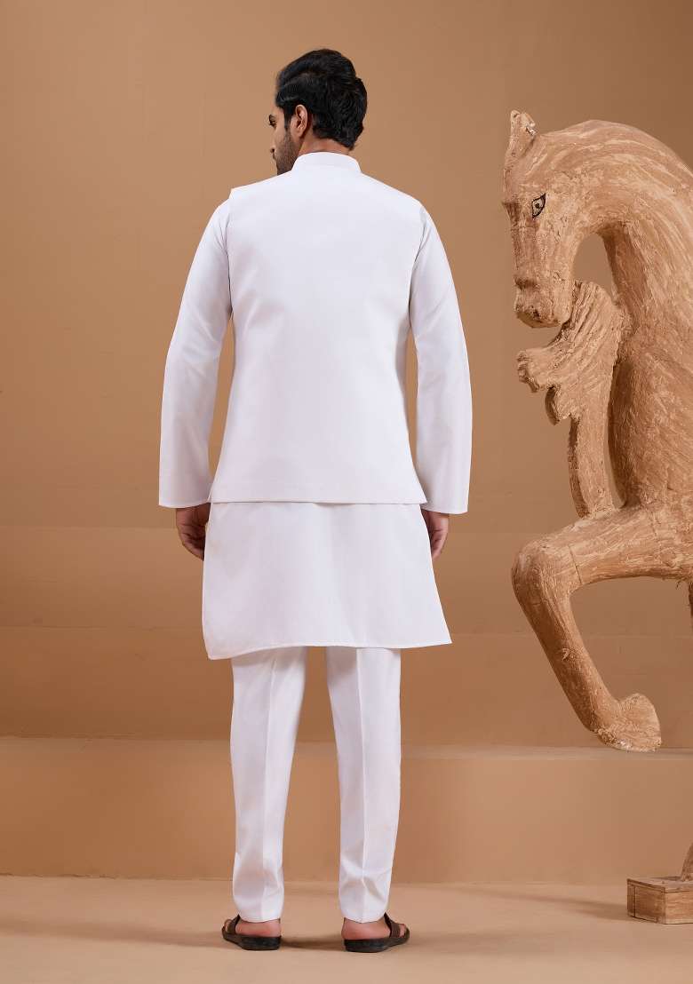 White Embroidered Silk Blend Kurta Set For Men - Indya
